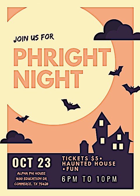 AlphaPhi1872's tweet photo. PHRIGHT NIGHT HAUNTED HOUSE, is right around the corner!!! Be sure and purchase  a ticket from an Alpha Phi these next two weeks✨👻🧡 #goalphaphi #tamuc #tamucaphi https://t.co/GlkLYiQCVe