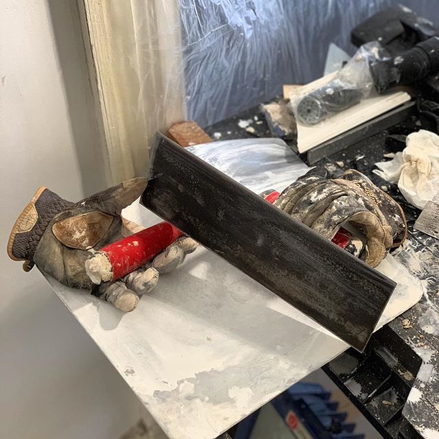 OldTownHome's tweet photo. Hawk, towels, and crusty gloves formed into hand shape by hardened plaster. I feel like this has the makings of a DIY crest of sorts in it somewhere. #moarplaster #finishplaster #masterofplaster #plasterrestoration #plastertools #americanfoursquare #1908… https://t.co/SCJeiX0zFg https://t.co/MizYcFyYj3