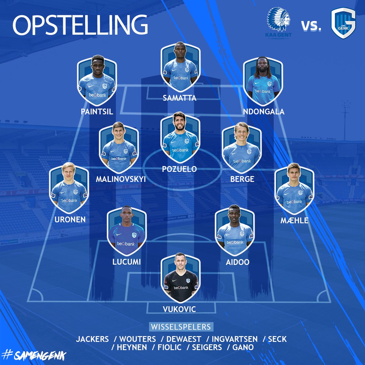 KRCGenkofficial's tweet photo. Klaar voor de strijd! (Ook Piotrowski zit nog op de bank, coach Clement beslist na de opwarming) 🔵⚪👊#krcgenk #gntgnk #samengenk https://t.co/6IBCfewD6r