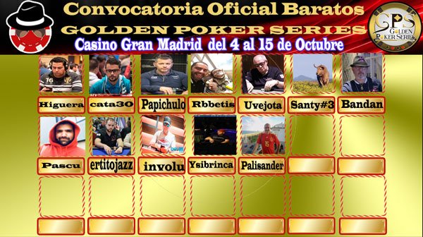 Ya tenemos aquí la gran final de las @poker_golden 
Tendremos una entrada para las Golden Póker Series para el último barato en pie en el Main Event.
Para poder optar al premio debes ser Jugador Barato y estar en nuestra convocatoria.
Toda la info aquí: eljugadorbarato.es/?p=2184