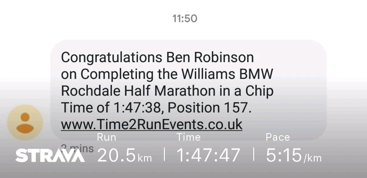 First Half Marathon Done <a href="/RochdaleHalf/">RochdaleHalfMarathon</a> 👊 Well chuffed with the time (1:47:38) Glad there was chip timing as the Garmin was having a right wobbler today 😂 strava.com/activities/188… 
#RunRochdale