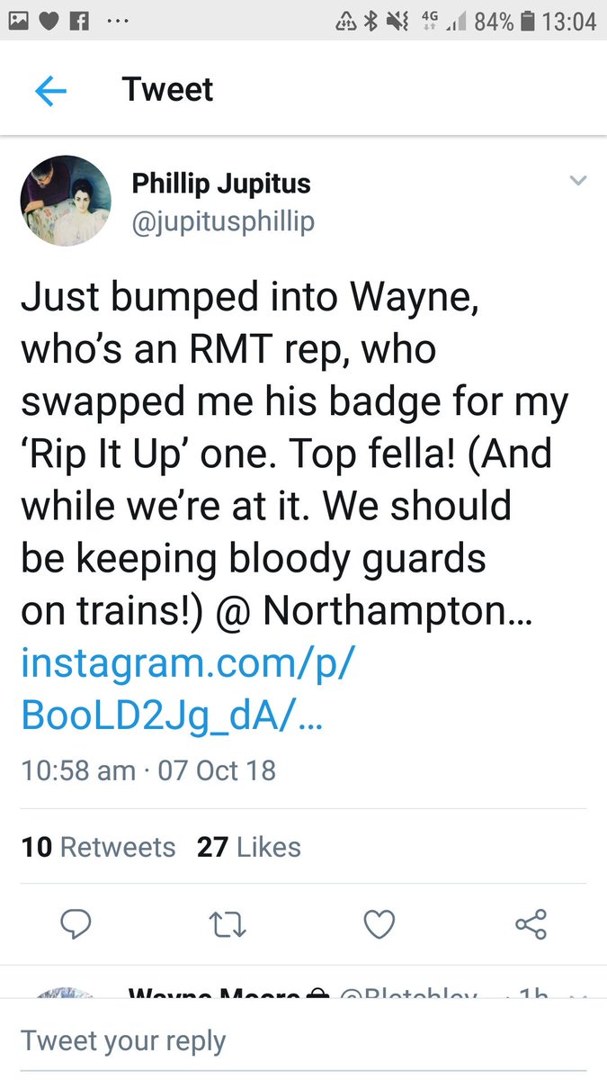 alexgordon4me's tweet photo. My @RMTunion comrade @BletchleyOx just bumped into @jupitusphillip on a train and swapped badges with him #KeepTheGuardOnTheTrain #KeepTheTrainSafe #No2DOO https://t.co/xRLNc5kpTR