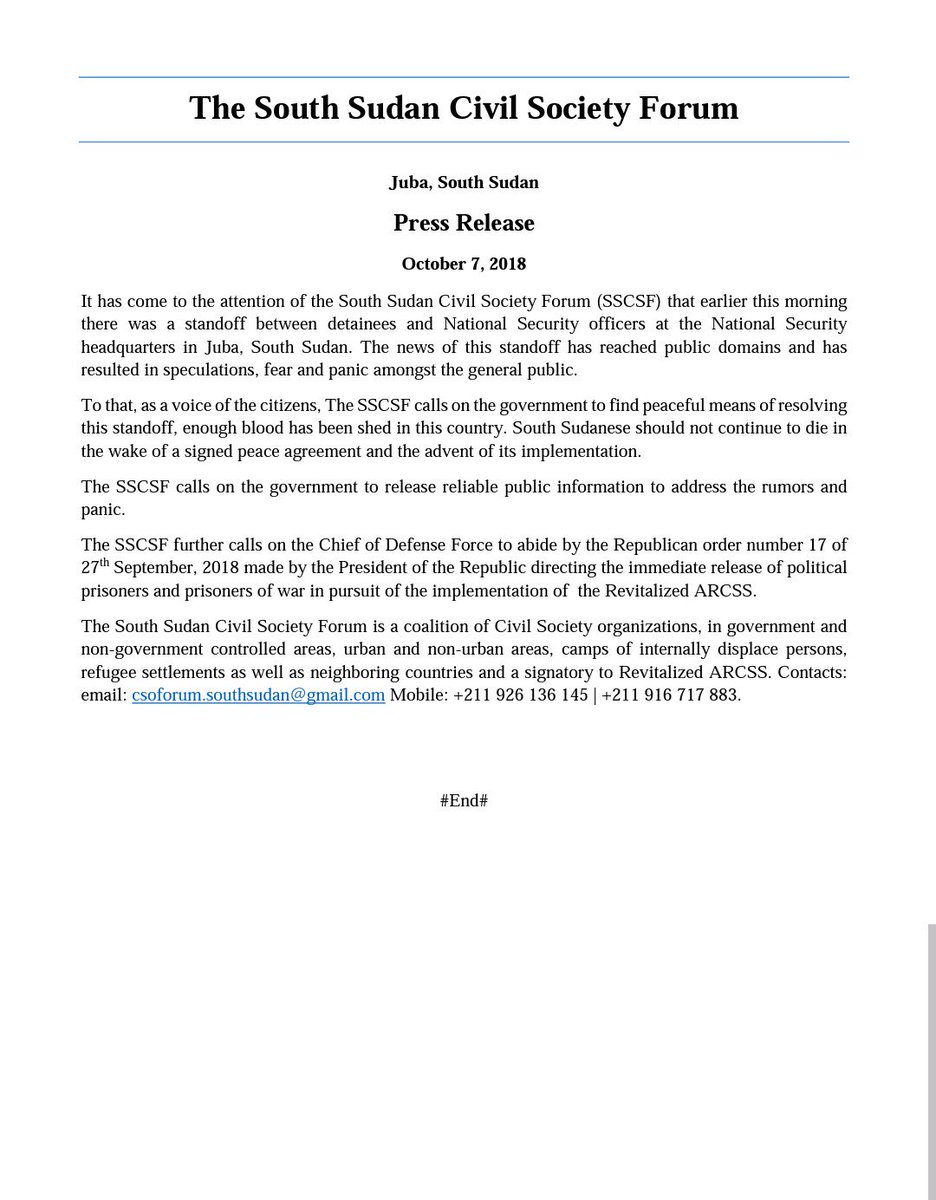 CSOForumSSD's tweet photo. In this Press Release, we call on the government to find peaceful means of resolving the blue-house standoff. Enough blood  has  been shed in this country.  #SouthSudan|ese should not continue to die in the wake of a signed peace agreement.

@RadioMiraya @EyeRadioJuba https://t.co/pGEYGjLYUf