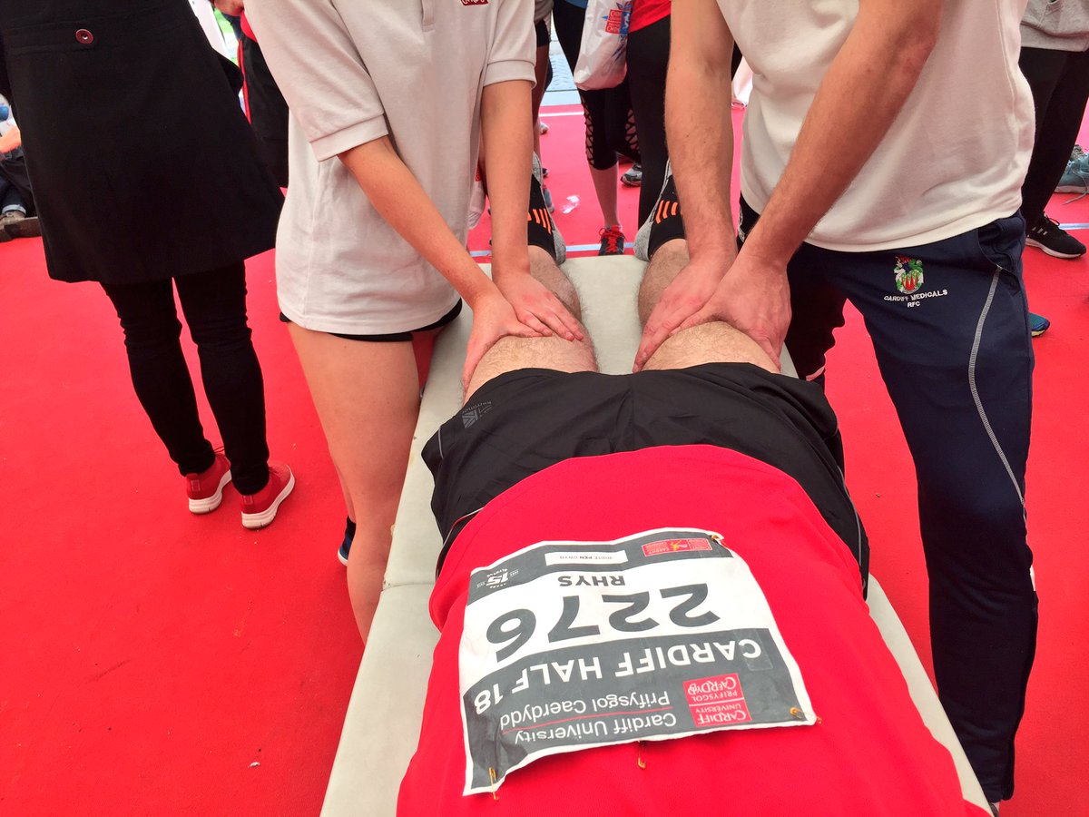 DrJonesWales's tweet photo. Big shout out to Tom and Zoe of @cardiffuniphysio making sure #TeamCardiff can actually walk again after the @CardiffHalf ! Great work and on a Sunday too! These guys are doing a brilliant job! @cardiffuni https://t.co/C09SCGvz3F