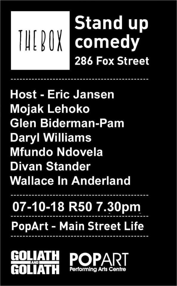 POPArtJHB's tweet photo. Hey hey! 8pm #TheBoxComedy with @EricJGJansen @mojaklehoko @GlenBidermanPam @darylwilliams @mfundondovela and more
50 bucks gets you in
Brought to you in partnership with @Goliath_Goliath https://t.co/RwGP6rRgb4