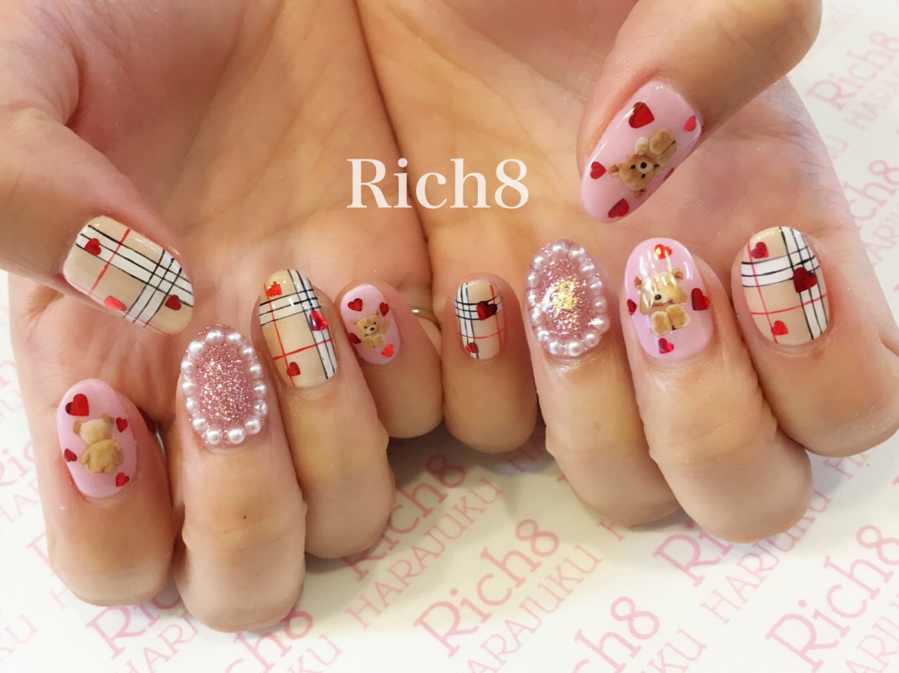 Rich8原宿店 ネイル まつげエクステ バーバリーチェック くまさんネイル Rich8 リッチエイト 原宿 竹下通り 表参道 原宿ネイルサロン 原宿マツエク 原宿まつ毛パーマ ネイルサロン かわいいネイル Harajuku Takeshita Japan Nail アイ
