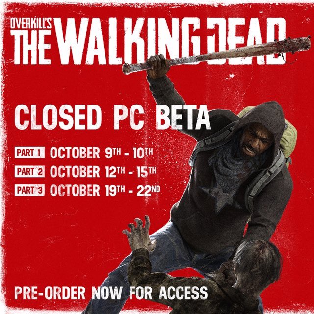 OverkillsTWD's tweet photo. Only two days left until the beta starts!

Here are the dates:
Part 1: October 9th - 10th
Part 2: October 12th - 15th
Part 3: October 19th - 22nd

Pre-order on Steam to guarantee access! #OTWD #ThinkFightLive https://t.co/TXpZewVE8X