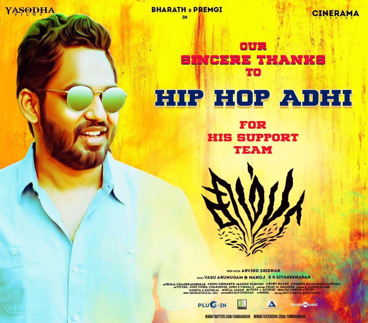 thinkmusicindia's tweet photo. The Team of #Simba thank @hiphoptamizha for his support to #DopeAnthem 
#SimbaTeaser2 🎶
https://t.co/tSedr61RHm  

@bharathhere @Premgiamaren @cutedeekshith @IAmBhanuShree @Composer_Vishal @simba_arvind https://t.co/BPkS88HO2U