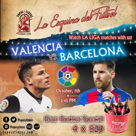 tapasytintos_'s tweet photo. Today we show our true passion for soccer during the #LaLiga match between Valencia vs #BarcelonaFC at 2:45PM with 4 for $20 Estrella Damm beer buckets. #TapasyTintos #MiamiBeach #Soccer https://t.co/sMLHPa9Bog