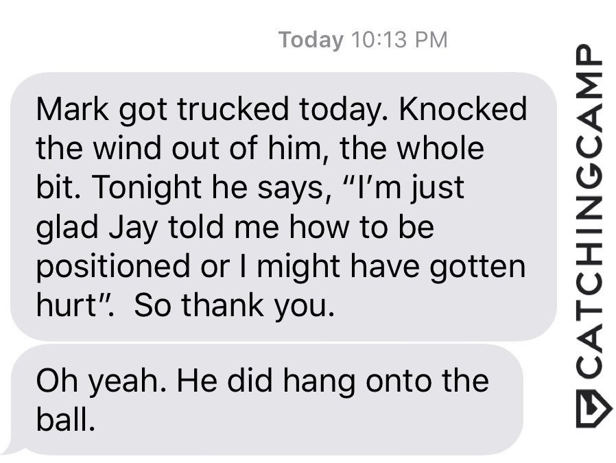 Don’t love when my students get run over at home, but love getting messages like this! #Catchers using approaches behind the plate that keep them safe. Nice job keeping yourself safe Mark! Deflect contact instead of inviting it, &amp; if you can hold onto the ⚾️ that’s awesome!
