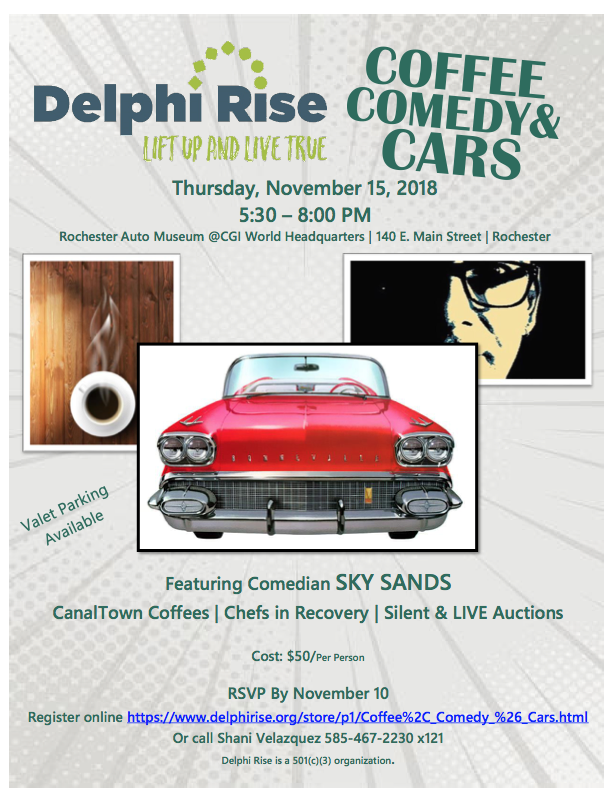 DelphiRise's tweet photo. Delphi Rise inaugural fundraising event, Coffee, Comedy &amp; Cars with local comedian Sky Sands.  Proceeds will benefit our Open Access Program which is a resource to address the opioid epidemic in our area.   Click link to register for event:  https://t.co/RSE6h0Xv96 https://t.co/njoOEWmeTh