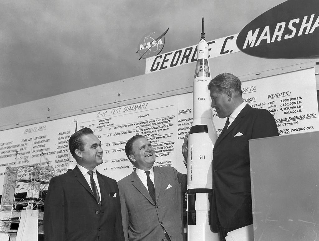 Governor of Alabama George Wallace (left), NASA Administrator James Webb and Marshall Space Flight Center (MSFC) Director Dr. von Braun during a tour of MSFC on June 8, 1965. Governor Wallace and Dr. Webb were at MSFC to witness the first test firing of a Saturn V Booster. (This image was just shared with NG for social use - unsure if they plan on using it)