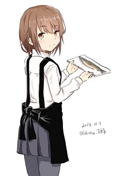 #艦これ版深夜の真剣お絵描き60分一本勝負
#艦これ版真剣お絵描き60分一本勝負_20181007
若葉「おかえり、提督。若葉が焼いた秋刀魚だ
   ・・・悪くはないはずだ。」 

(胸当てタイプのエプロンも良いものだ) 