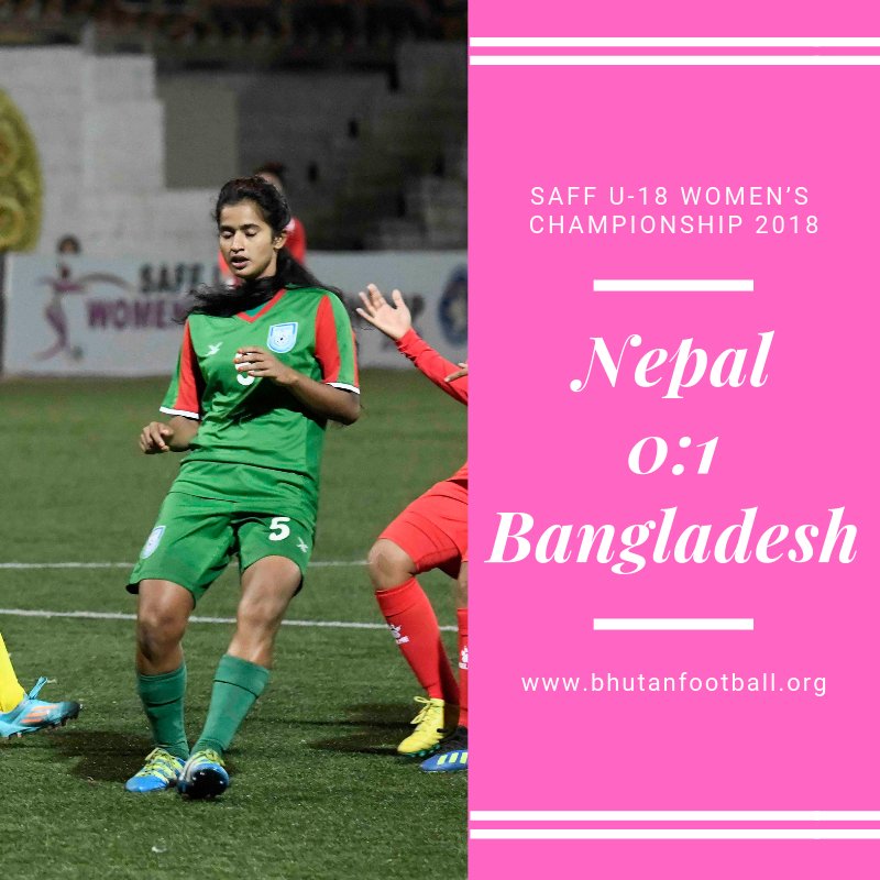 Bangladesh (Masura Parvin [5]) went in front to score against Nepal on 49’ Minutes.

Latest Score Update- Second Half
Final -SAFF U-18 WOMEN’S CHAMPIONSHIP 2018 
Nepal 0:1 Bangladesh
#bhutanfootball #NepvsBan #bhutanwomensfootball #saff2018