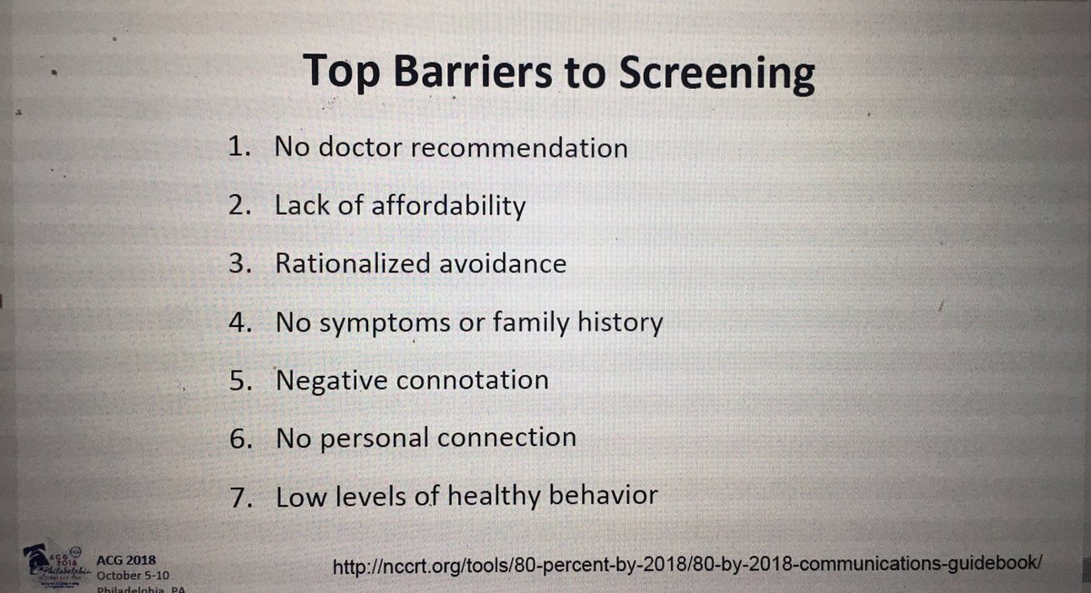 DMGrayMD's tweet photo. The leading barrier to patients being screened for #colorectalcancer is that a provider did not recommend it.  #ACG2018 https://t.co/5F61rsOHdR