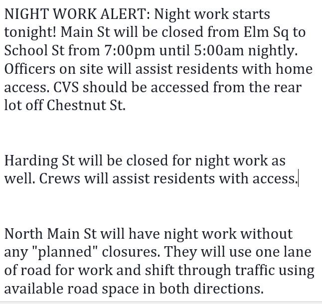 AndoverMassPD's tweet photo. NIGHT WORK ALERT: Main St will have nightly closures starting tonight at 7:00pm in #AndoverMA for #MAGasFire repairs.  See both photos for information regarding North Main St and Harding St work as well. @Waze_MA https://t.co/OBBydebOd5