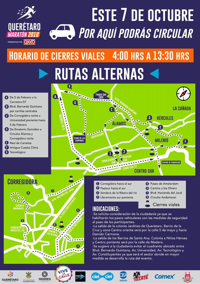 Las queretanas y los queretanos salen a vivir la calle con el 🏃🏻‍♂🏃🏻‍♀#QuerétaroMaratón2018. 🚩Convivamos pacíficamente, checa las rutas alternas para🚗🚓 circular durante el gran evento.