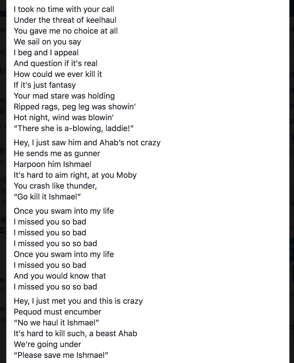 Mark Someone Wrote Some Lyrics To Call Me Maybe That Were Inspired By Moby Dick And T Co T5rsvhkhpf Twitter