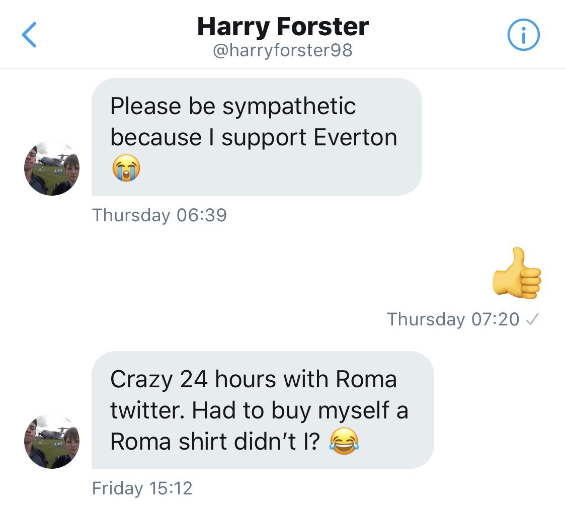ASRomaEN's tweet photo. A football Twitter love story in four parts...

1. Wed: Everton fan @harryforster98 asks a fan in Rome to help his team

2. Roma Admin reply goes viral &amp; Harry becomes famous on Roma Twitter

3. Thurs: Orders #ASRoma shirt

4. Sat: Watches both Roma &amp; The Ev win! 

#ForzaHarry 👋 https://t.co/6bjFywl7x2