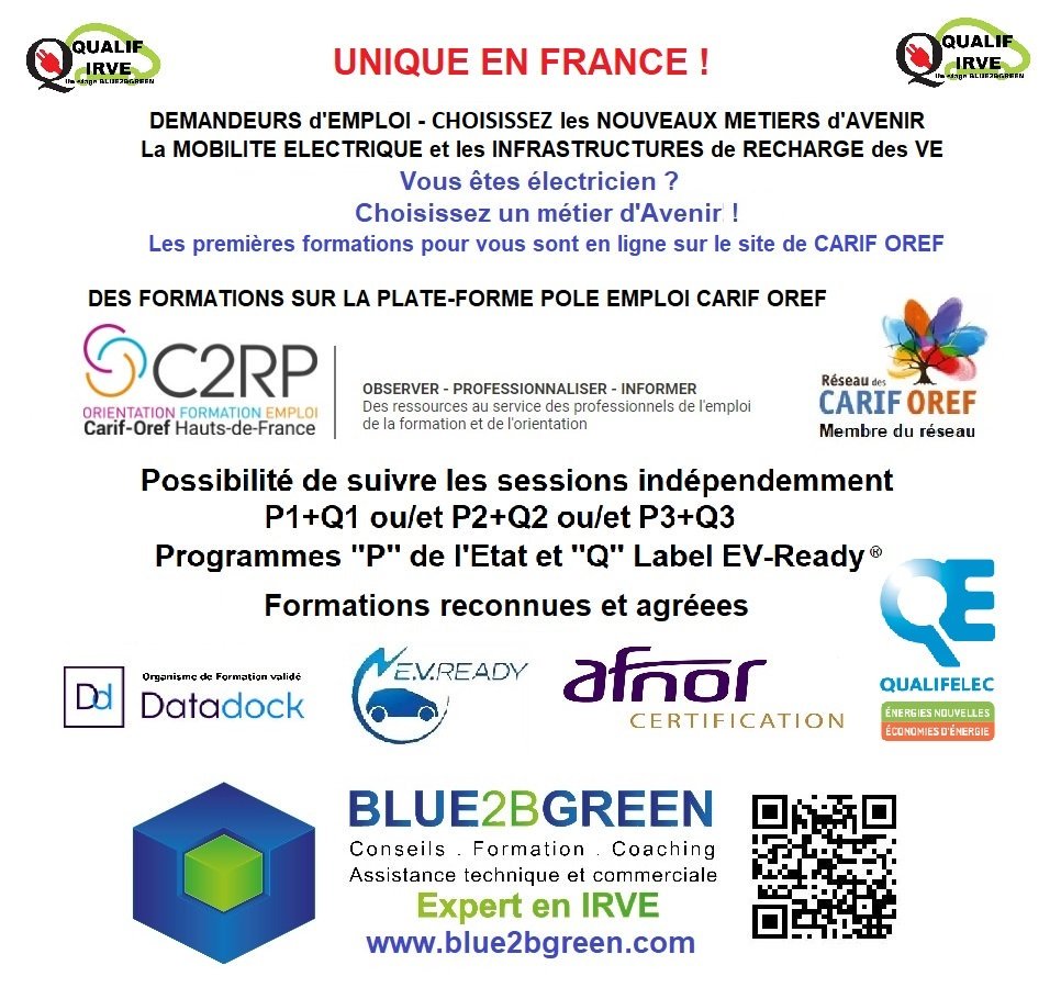 👍 OCTOBRE : STAGES #IRVE COMPLETS
Inscrivez vous pour novembre ou décembre il reste encore des places

@Qualif_IRVE et #Expert_IRVE pour vous faire Qualifier #Qualifelec #AFNOR_Certification #EV_Ready choisissez votre stage en fonction de votre niveau 
👉 blue2bgreen.com/formation-mobi…