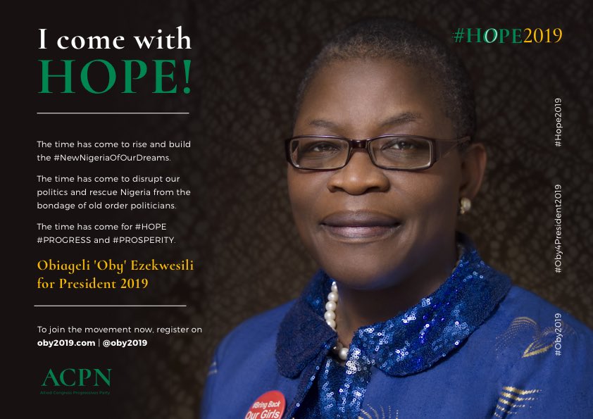 obyezeks's tweet photo. Fellow Nigerians, our time has finally come! #IComeWithHope

#Hope2019
#Oby4President2019 to build the #NewNigeriaOfOurDream https://t.co/usr1no8mxN