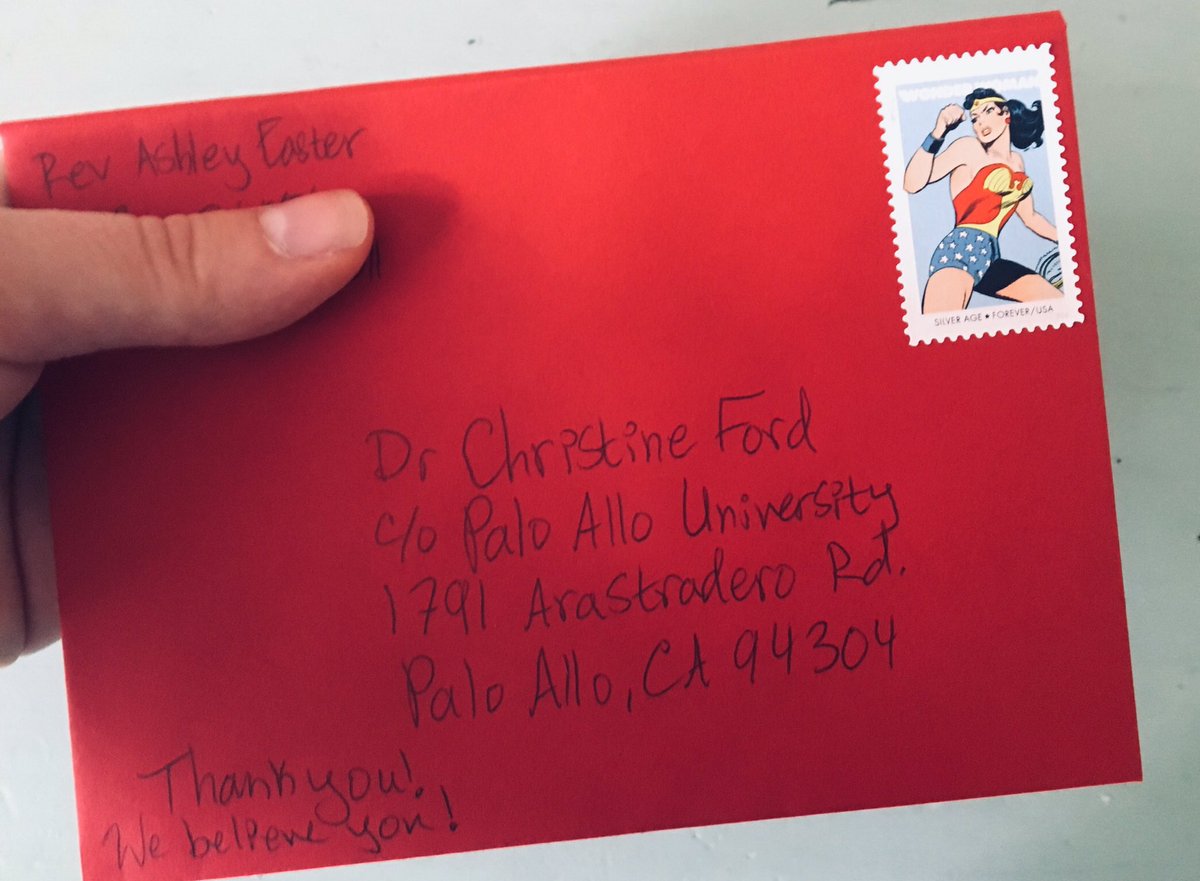 ashleymeaster's tweet photo. Pretty sure this is why Wonder Woman stamps were made. Let Dr. Ford know you appreciate her and are inspired by her bravery. If this was a hard week for you, think about how hard it was for her. Send her an encouraging word. https://t.co/DZaNP7ZFl7