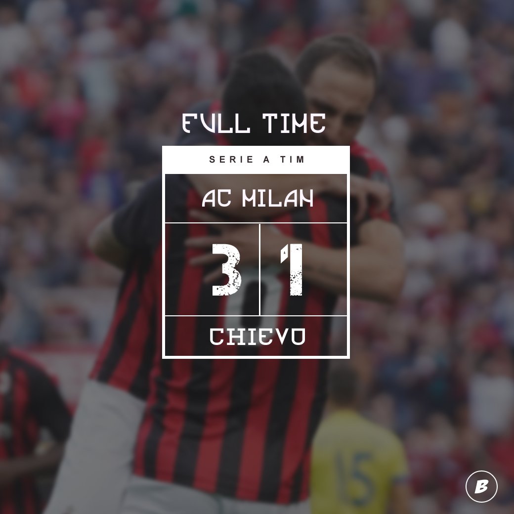 #LiveBolanet FT: AC Milan 3-1 Chievo (27'34' Higuain, 55' Bonaventura ; 63' Pellissier) | Possessions:69%-31% | Shots: 20-14 | Tackles: 22-10 

Doppietta Higuain Turut Antar Il Diavolo Hancurkan Chievo