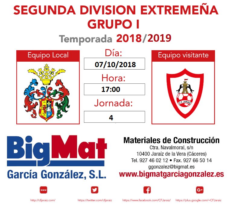 cfjaraiz's tweet photo. Agenda deportiva Club de Fútbol Jaraíz 

🏆 Cuarta Jornada de la Segunda División Extremeña | Grupo I
📆 Domingo 07/10/2018
🕗 17:00 Horas
🏟️ Campo MUNICIPAL DE SAN ANDRES (HERVÁS) 
🆚 @CPHERVAS1 vs @cfjaraiz 

#prendavenalfutbol #pimentoneros #todoalrojo https://t.co/LBMYbczTi8
