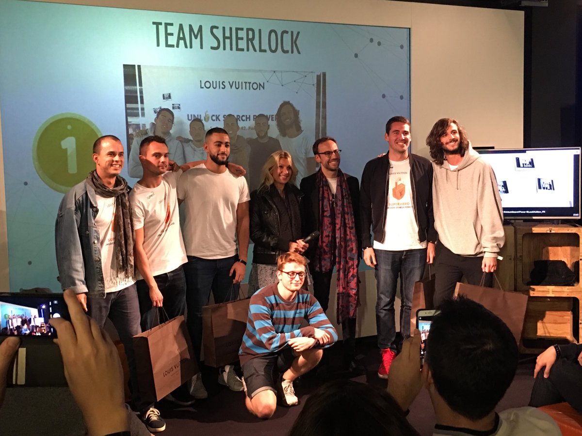 Vainqueurs du hackathon. La team. Sherlock.  Bravo. #unlocksearchpower. #lvteam