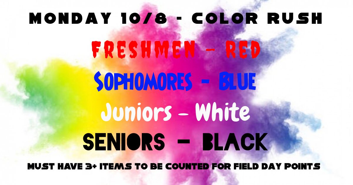 SeahomStuCo's tweet image. 🚨SPIRIT WEEK KICKS OFF TOMORROW WITH COLOR RUSH 🔴🔵⚪️⚫️You must wear 3 or more items to be counted for field day points❗️