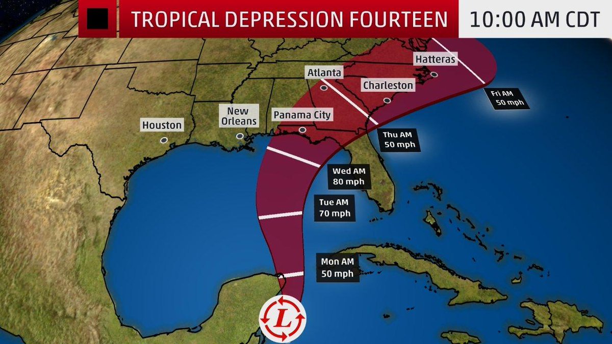 weatherchannel's tweet photo. 11 am update: Tropical Depression Fourteen forecast to become a tropical storm today. U.S. Gulf Coast landfall likely by midweek, potentially as a #hurricane: https://t.co/j1iFHgz4um https://t.co/Rmt5aY5xZi