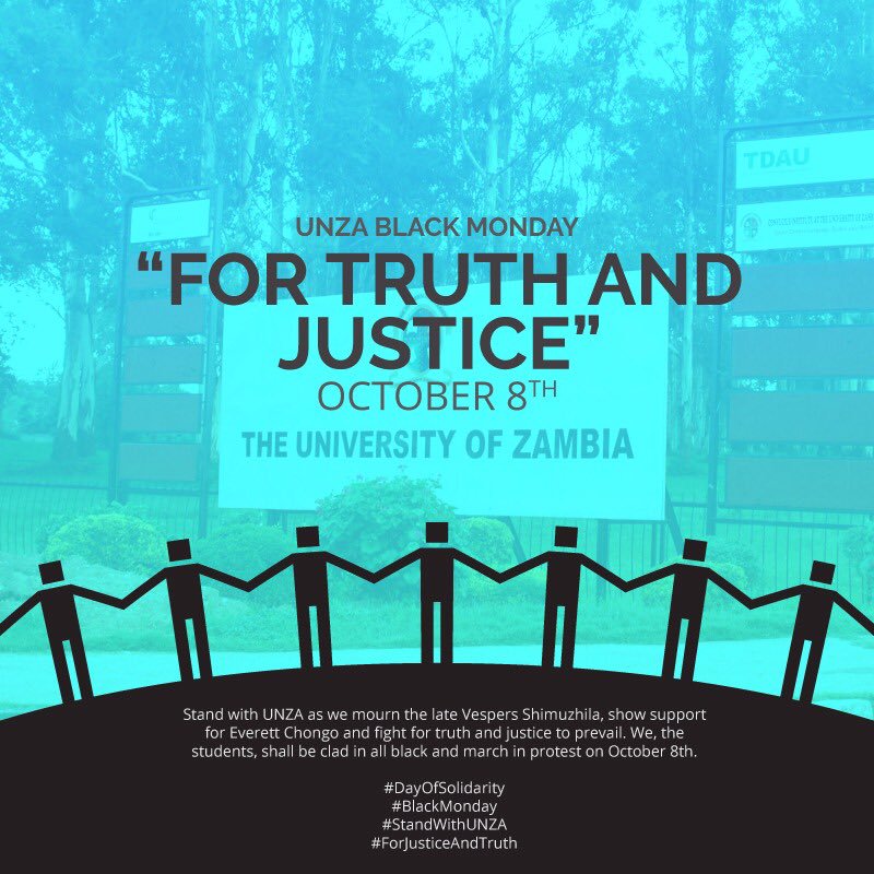bflowmusic's tweet photo. I'm calling on all Zambians to #StandWithUNZA and ensure #JusticeForVespers prevails. Remember to attend the funeral service at UNZA SDA chapel tomorrow Monday October 8th, 2018 at 09:00hrs. Retweet and spread the word. #zambia https://t.co/pEmNUkaJkh