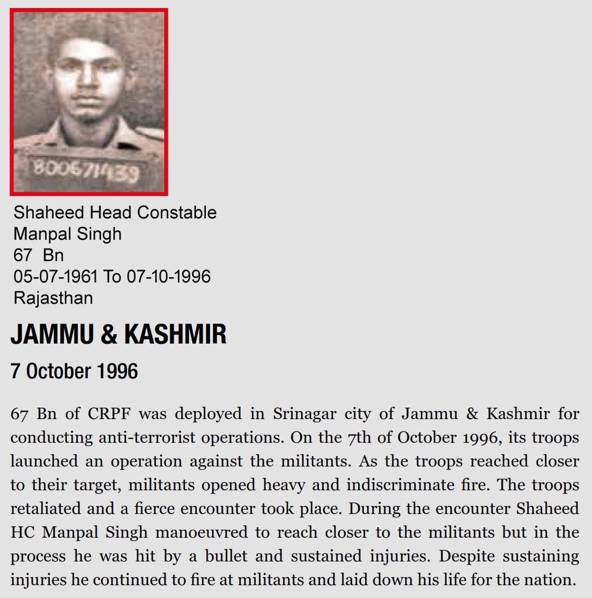 crpfindia's tweet photo. Your gallant deeds would inspire us always. A salute to our brave souls for their indomitable courage and selfless sacrifice. 

#BharatKeVeer https://t.co/R4ytI8Ec97