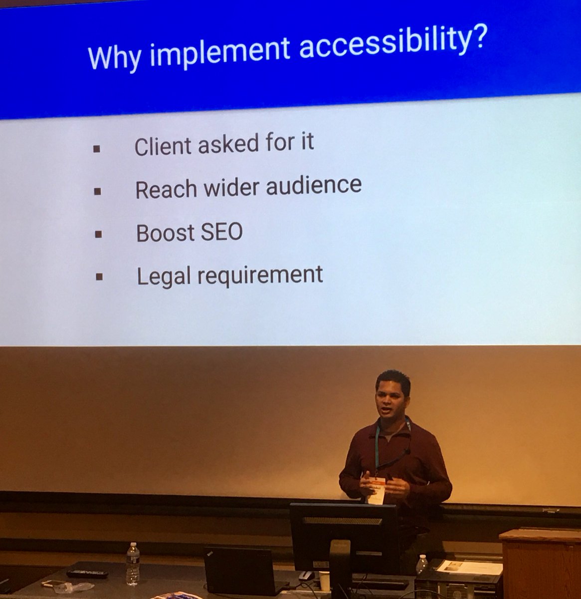 Ever wonder why accessibility is important? <a href="/nginxreload/">Rahul Nagare</a> starts his talk on using #AmazonPolly with these reminders at #WCbalt
