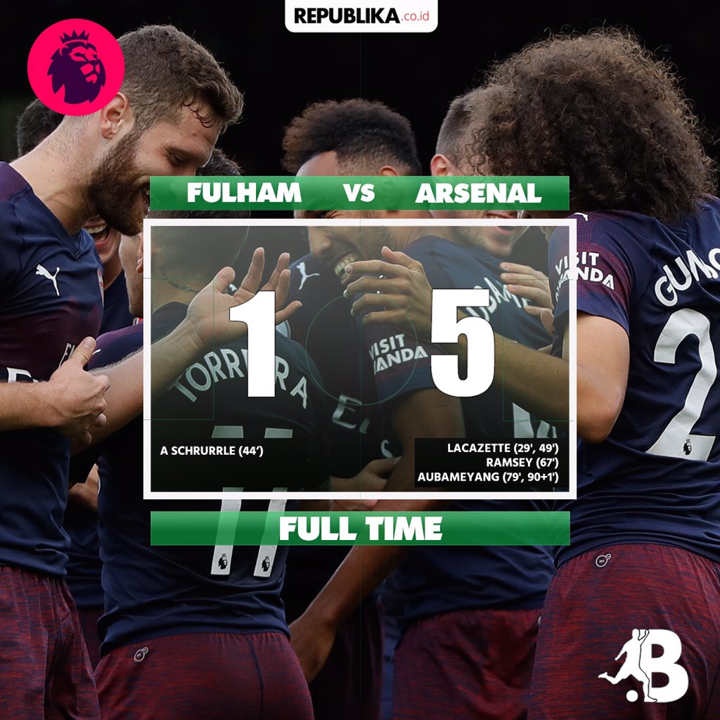republikbola37's tweet photo. Arsenal meruntuhkan Fulham dengan skor telak 5-1, di Graven Cottage, Ahad (7/10) malam. Dua dari empat gol @Arsenal masing masing dicetak Lacazette dan Aubameyang, Aaron Ramsey menyumbang satu. @FulhamFC hanya balas satu gol lewat Andre Schurrle. #fulhamarsenal #FulhamVArsenal https://t.co/vThgQdiTec