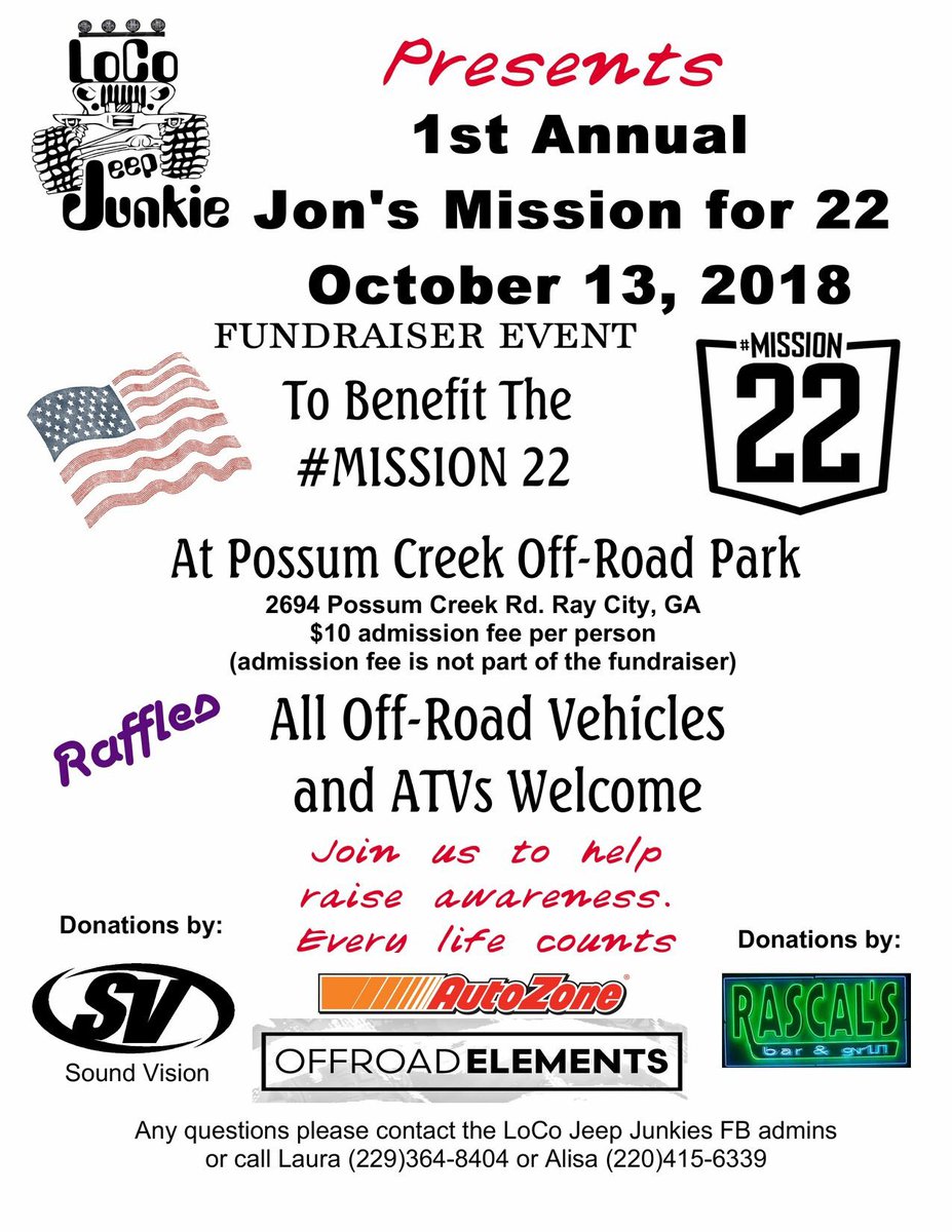 Hey #jeeppeople and #atv riders, come out and show your support of #mission22 and help honor a veteran that was lost to suicides life! #jonsmission #mudbog #ride #veteransuicideawareness #LoCoJeepJunkies