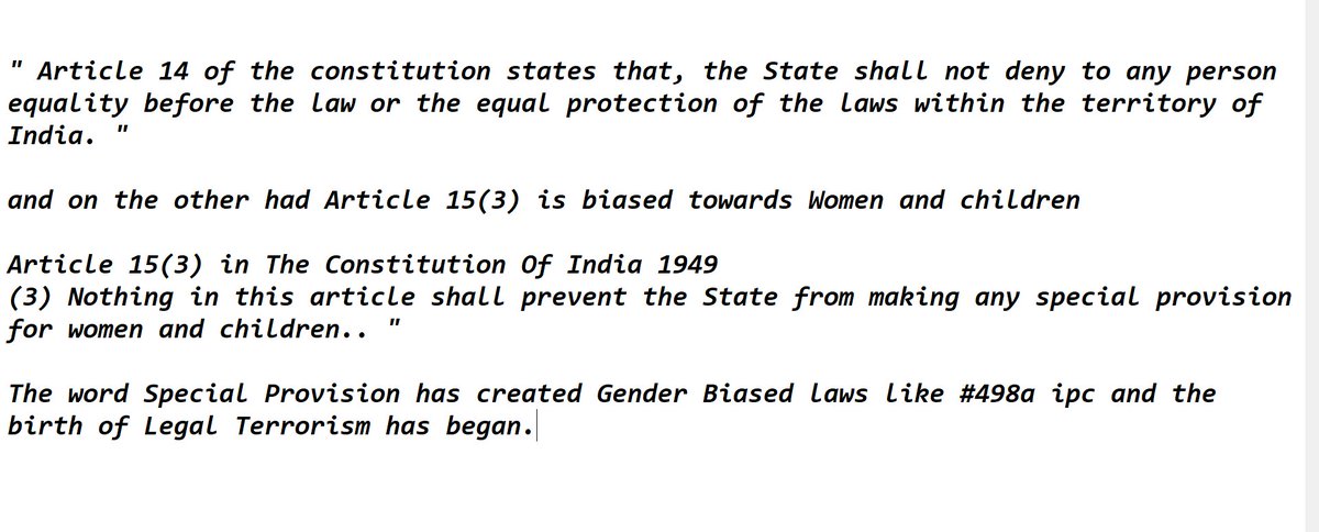 FALT5's tweet photo. #ConstitutionIsFeminist 
#Constitution
#498a

Constitution is Feminist

Because Article 14 Speaks about equality and Article 15(3) is Biased towards Women and Children

Article 15(3) is the roots of Feminism

@OfficeOfRSP @rsprasad @narendramodi @DVSBJP @RajnathSingh_in @AmitShah https://t.co/98heM4ufmW
