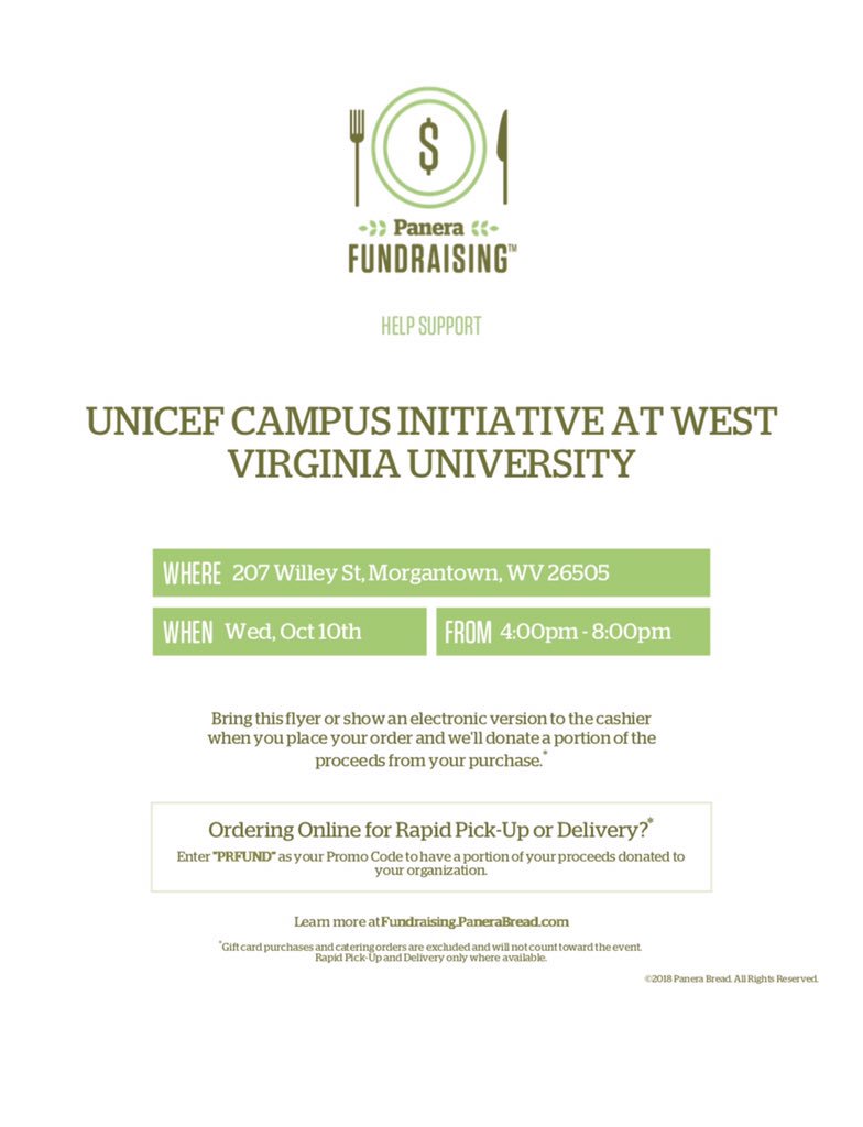 UNICEFWVU's tweet photo. We also will be having a fundraiser this Wednesday from 4-8 at the downtown Panera! Just show this flyer for us to get 20% of your sale. Please go and get some Panera while also helping out your favorite UNICEF club :-) https://t.co/yaX0NyzAFh