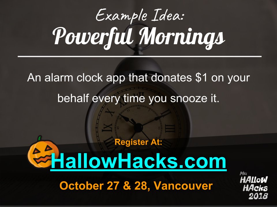 wsoftwareca_van's tweet photo. Do you have trouble waking up in the morning? You’re not the
only one. Why not spin it for a good cause? @BCSEA
@HallowHacks #PowerfulMornings http://hallowhacks.
https://t.co/n66zqkPOsb #VancouverHackathon https://t.co/vvx6dI4uSG