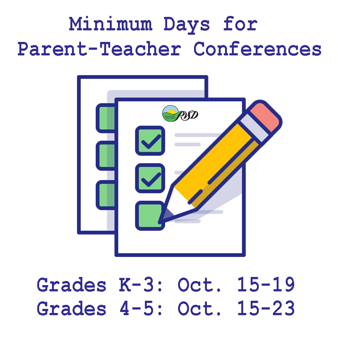 PVSDCamarillo's tweet photo. Parent-teacher conferences are coming up quickly for grades K-5. Students will have minimum day (noon) dismissals as follows:

Grades K-3: Oct. 15-19
Grades 4-5: Oct. 15-23

You can view all PVSD calendar events here: https://t.co/xFFwEnZNla

#PVSD #PVproud #Camarillo https://t.co/jyybNI8su4