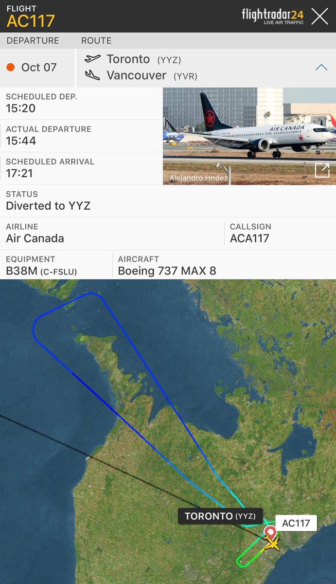 TomPodolec's tweet photo. ↩️ DIVERSION
Air Canada #AC117 to Vancouver returned to Toronto with an aircraft issue. Non-emergency.
https://t.co/WQzTeIWRwG https://t.co/qR776XDLT0