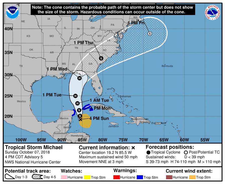 spann's tweet photo. Tropical Storm Michael is now packing sustained winds of 50 mph, and is expected to be a hurricane with landfall on the Florida Panhandle Wednesday. Here is everything we know now: https://t.co/qHpeTWxDjJ https://t.co/hEEpSBeSms