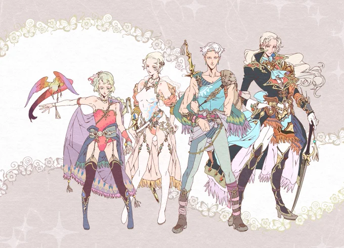 今度はFF5を描いてみた。
5はメンバーが王族なせいか、アンティーク的な意匠のデザインと思うのだけど、ファリスが海賊だったりバッツが旅人だったりで、なんとなく海洋モノっぽいイメージもあったりして。 
