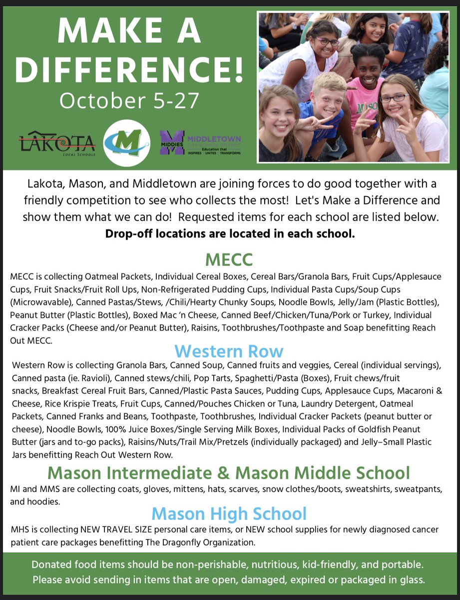 MasonSchools's tweet photo. Calling all Caring, Compassionate (&amp; maybe a teensy bit Competitive) Comets! We're in a friendly competition w/ @LakotaDistrict &amp; @MiddletownOH to bring in the most items to help needy neighbors in our community. Drop off locations are @ ea. school. Let's do this! #MasonMoment https://t.co/P4EuflNhyb