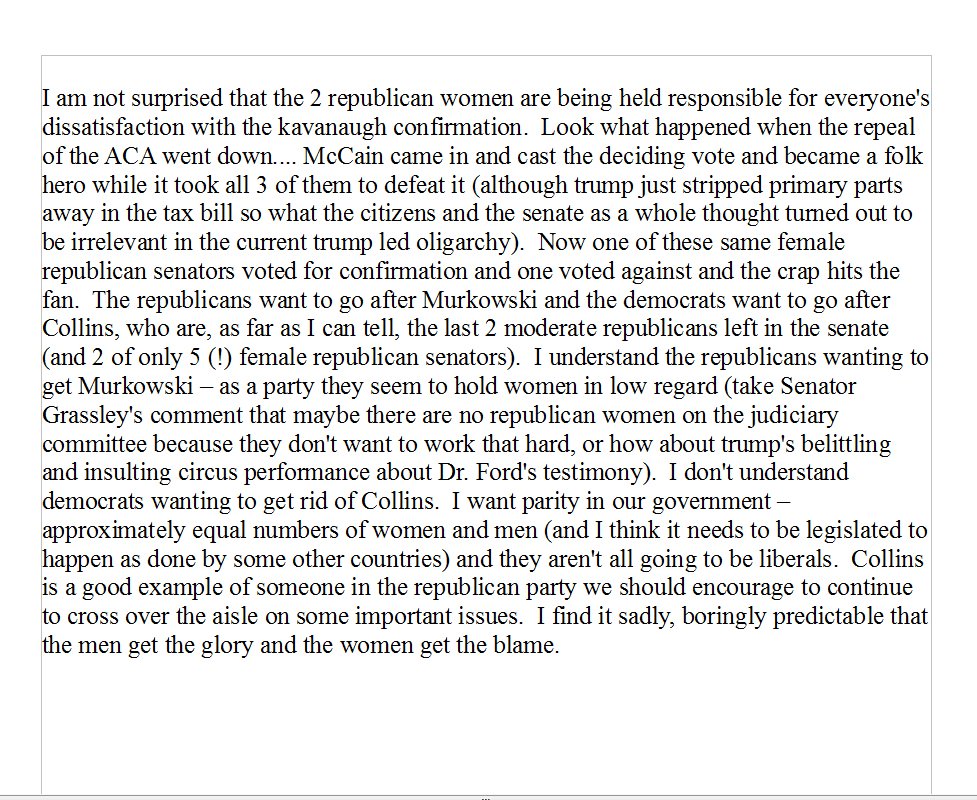 CynBig's tweet photo. #MeToo #ImpeachTrump #resist #Indivisible @lisamurkowski @SenatorCollins #TimesUp #Kavanaugh McCain got glory defeating the ACA repeal tho murkowski &amp; collins voted same, they get the blame from both sides for the kavanaugh confirmation. men get the glory women get the blame. https://t.co/epN0YoO7Vg