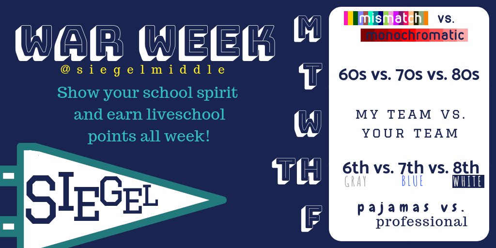 GET EXCITED...It's war week <a href="/SiegelMiddle/">Siegel Middle School</a> !  Show your school pride by participating this week and supporting @SiegelCavFball on Thursday night!