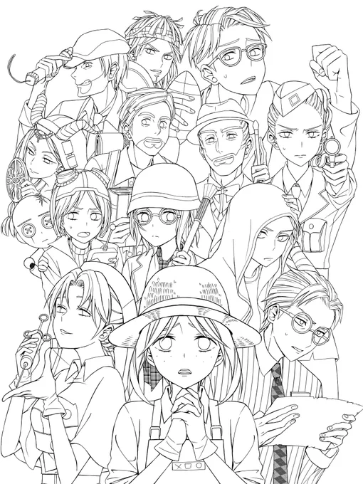 サバイバー集合絵の工程画像です!
まずレイヤーを色ずつに分けます!(隣り合わせになってなければ同じレイヤーにしちゃいます)
それから光と影をささっとイメージで塗ります!
後は汚い部分を整えて、オーバーレイを使って影を青、光を黄色って感じエアブラシで塗り塗りして行く感じです! 