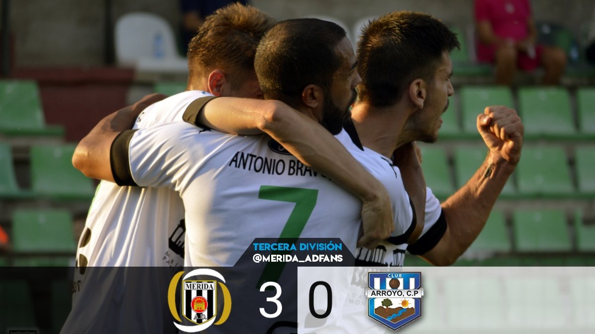 🏁 ¡FINAL del partido! <a href="/Merida_AD/">A.D. Mérida</a> 3-0 <a href="/arroyo_cp/">Arroyo Club Polideportivo 💙</a> (<a href="/joaqui7flores/">elnegrozumbón</a> 30'  90', <a href="/PacoTomas8/">Paco Tomás</a> 56').