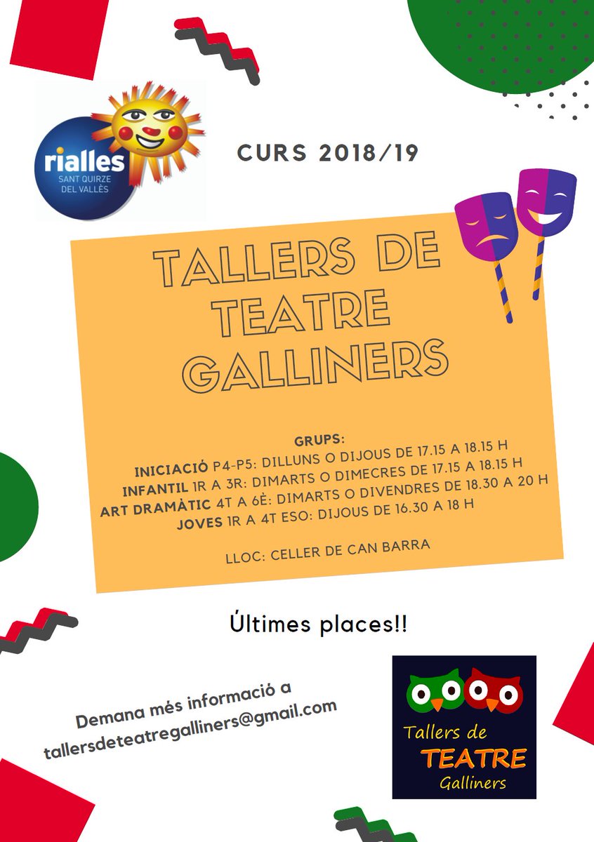 Els vostres petits, i no tant petits... volen fer teatre a Sant Quirze 🎭😉 ?
A Tallers de Teatre Galliners encara tenim algunes places 
💥 T'animes? Demana'ns info a tallersdeteatregalliners@gmail.com