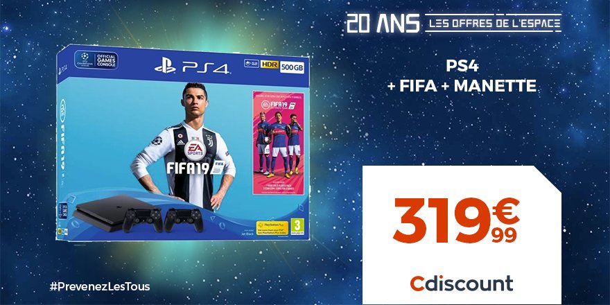 Cdiscount's tweet photo. 👽 20 ANS - Les offres de l'espace
 
Pack PS4 + #FIFA19 + 2ème manette 

👉 https://t.co/ydKttSga7R 👈
 
🔁 : RT pour partager ce deal
❤ : Pour nous souhaiter un joyeux anniversaire 🎂
 
#PrevenezLesTous https://t.co/NQrbST8t3r
